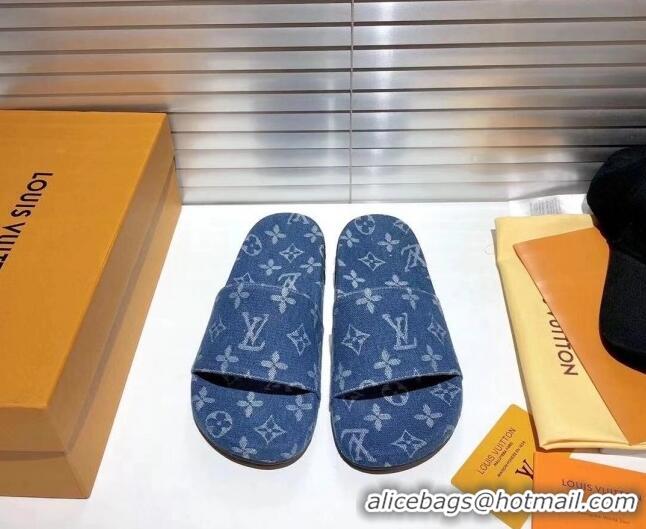 Good Product Louis Vuitton Jumbo Denim Flatform Slide Sandals 042888 Blue 2021