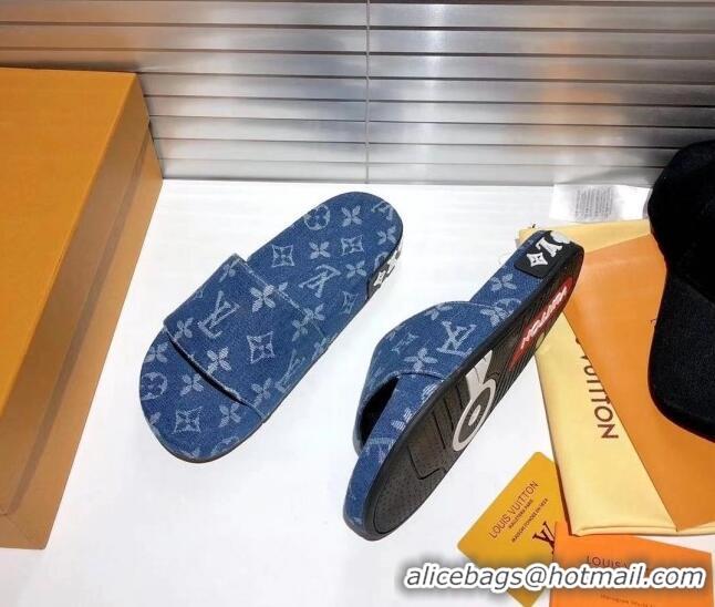 Good Product Louis Vuitton Jumbo Denim Flatform Slide Sandals 042888 Blue 2021