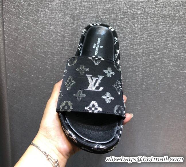 Low Price Louis Vuitton Jumbo Monogram Canvas Flatform Slide Sandals 043085 Black/Silver 2021