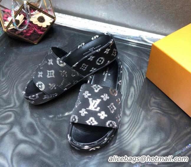 Low Price Louis Vuitton Jumbo Monogram Canvas Flatform Slide Sandals 043085 Black/Silver 2021