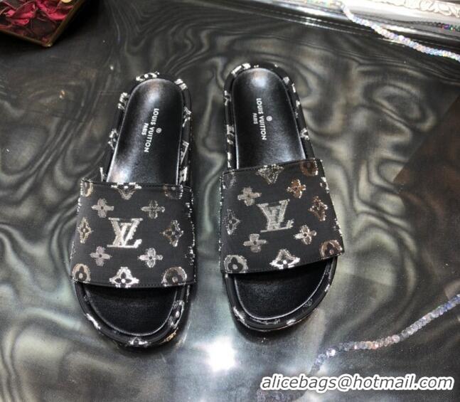 Low Price Louis Vuitton Jumbo Monogram Canvas Flatform Slide Sandals 043085 Black/Silver 2021