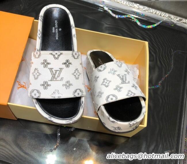 Hot Style Louis Vuitton Jumbo Monogram Canvas Flatform Slide Sandals 043085 White/Silver 2021