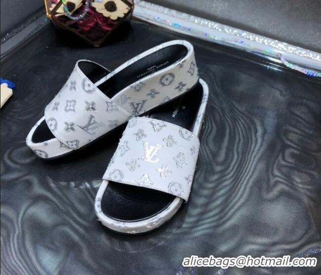 Hot Style Louis Vuitton Jumbo Monogram Canvas Flatform Slide Sandals 043085 White/Silver 2021