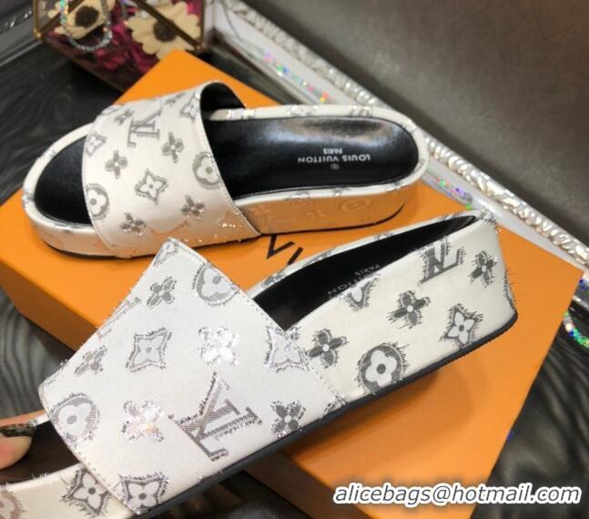 Hot Style Louis Vuitton Jumbo Monogram Canvas Flatform Slide Sandals 043085 White/Silver 2021