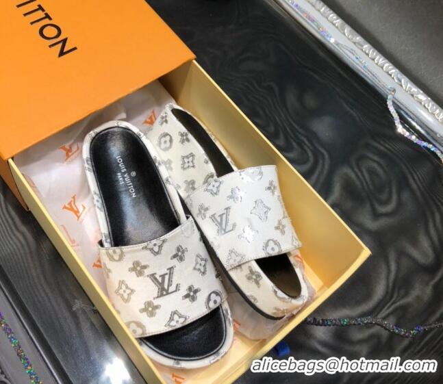 Hot Style Louis Vuitton Jumbo Monogram Canvas Flatform Slide Sandals 043085 White/Silver 2021