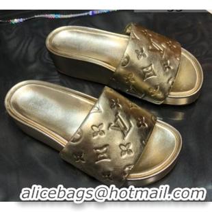 Cheap Discounts Louis Vuitton Jumbo Monogram Leather Flatform Slide Sandals 043085 Gold 2021