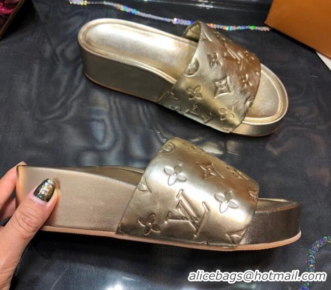 Cheap Discounts Louis Vuitton Jumbo Monogram Leather Flatform Slide Sandals 043085 Gold 2021