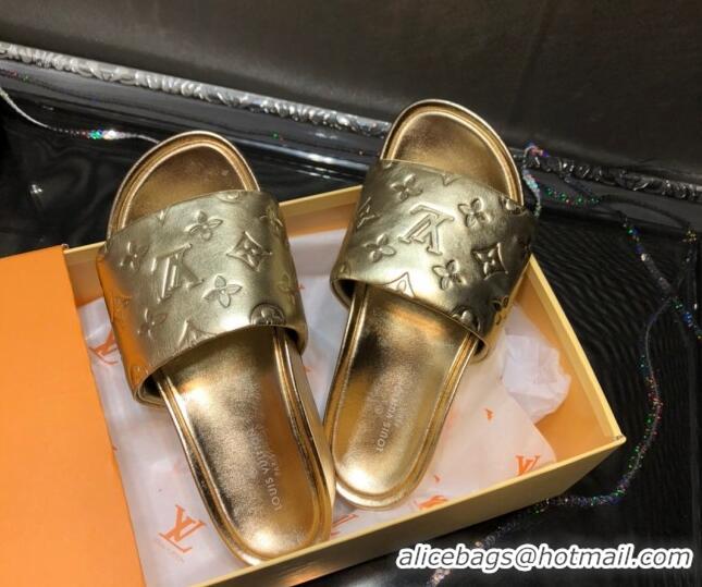 Cheap Discounts Louis Vuitton Jumbo Monogram Leather Flatform Slide Sandals 043085 Gold 2021