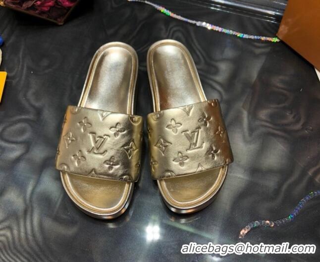 Cheap Discounts Louis Vuitton Jumbo Monogram Leather Flatform Slide Sandals 043085 Gold 2021