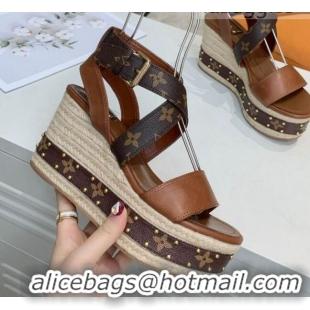 Luxury Louis Vuitton Boundary Leather Wedge Sandals 050630 Brown 2021