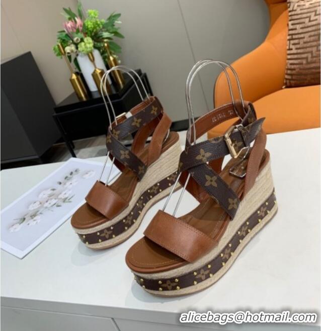 Luxury Louis Vuitton Boundary Leather Wedge Sandals 050630 Brown 2021