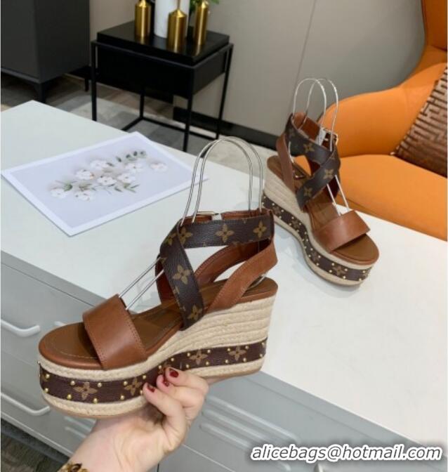 Luxury Louis Vuitton Boundary Leather Wedge Sandals 050630 Brown 2021