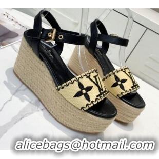 Best Product Louis Vuitton Boundary Raffia Wedge Sandals 050639 Black 2021