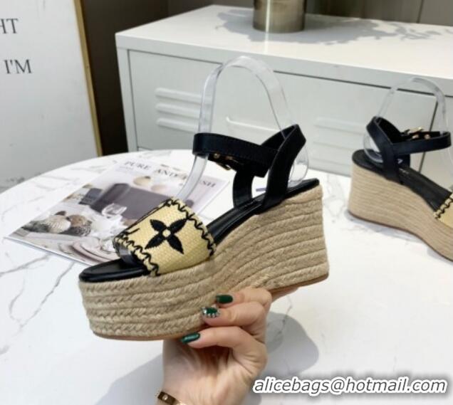 Best Product Louis Vuitton Boundary Raffia Wedge Sandals 050639 Black 2021