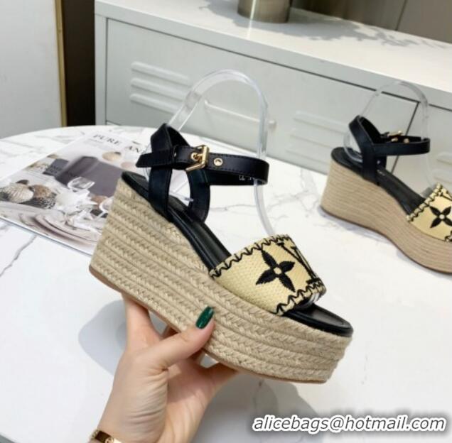 Best Product Louis Vuitton Boundary Raffia Wedge Sandals 050639 Black 2021