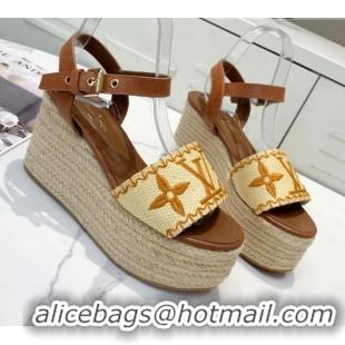 Low Cost Louis Vuitton Boundary Raffia Wedge Sandals 050639 Brown 2021