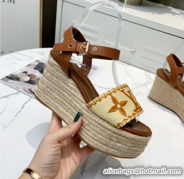 Low Cost Louis Vuitton Boundary Raffia Wedge Sandals 050639 Brown 2021