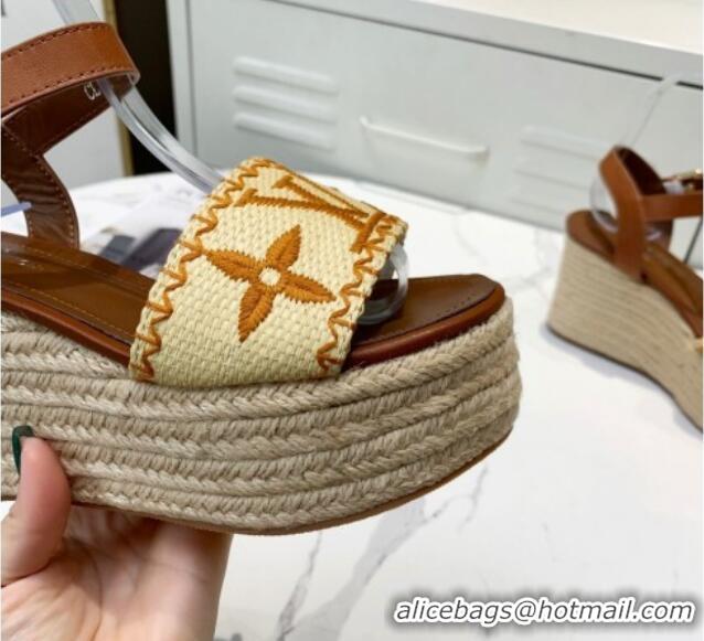 Low Cost Louis Vuitton Boundary Raffia Wedge Sandals 050639 Brown 2021