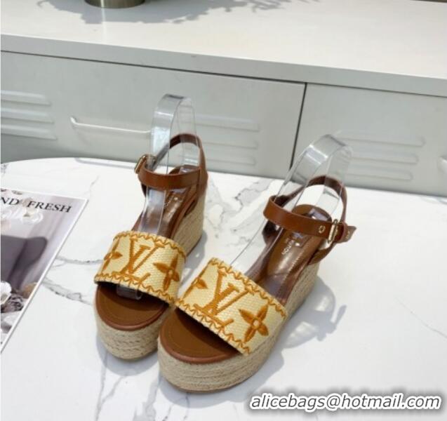 Low Cost Louis Vuitton Boundary Raffia Wedge Sandals 050639 Brown 2021