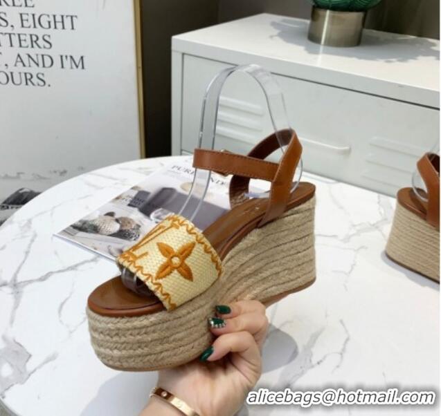 Low Cost Louis Vuitton Boundary Raffia Wedge Sandals 050639 Brown 2021