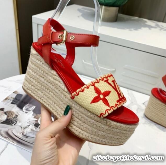 Shop Duplicate Louis Vuitton Boundary Raffia Wedge Sandals 050639 Red 2021