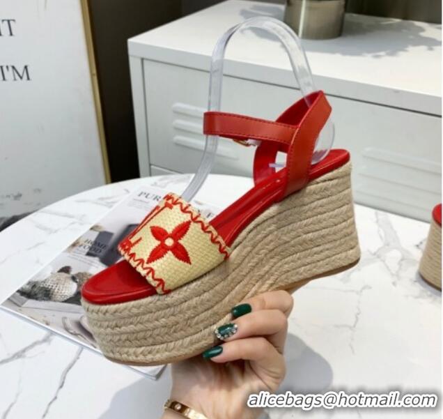 Shop Duplicate Louis Vuitton Boundary Raffia Wedge Sandals 050639 Red 2021