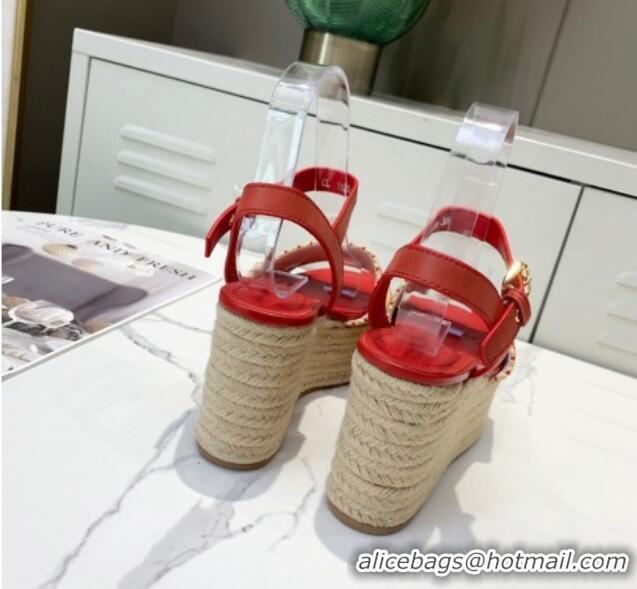 Shop Duplicate Louis Vuitton Boundary Raffia Wedge Sandals 050639 Red 2021