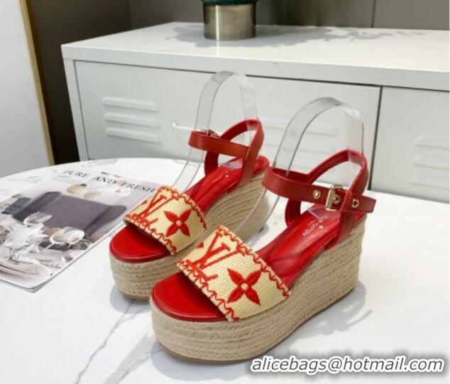 Shop Duplicate Louis Vuitton Boundary Raffia Wedge Sandals 050639 Red 2021