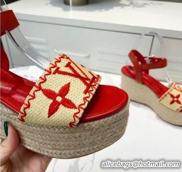 Shop Duplicate Louis Vuitton Boundary Raffia Wedge Sandals 050639 Red 2021