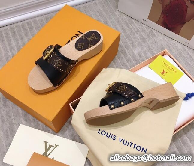 Lower Price Louis Vuitton Cottage Calfskin Wood Sandals 050740 Black 2021