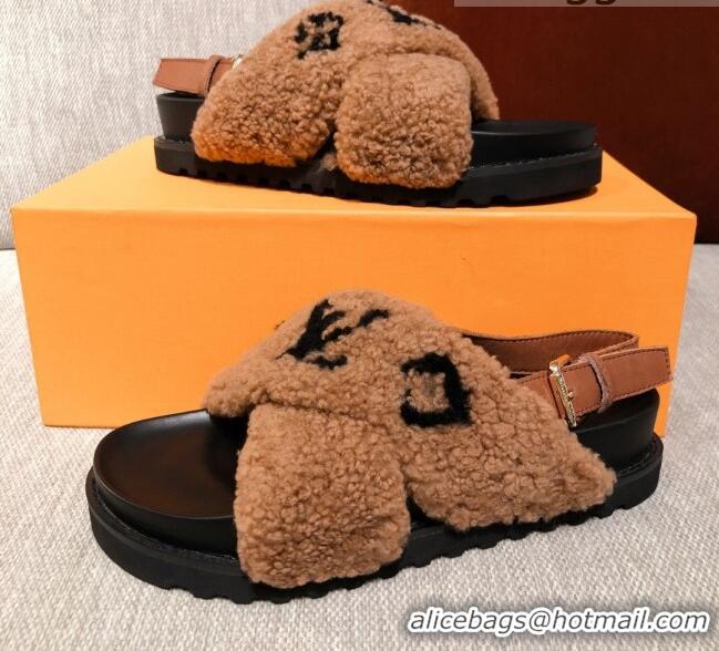 Luxury Louis Vuitton Paseo Flat Comfort Shearling Sandals 051061 Brown 2021