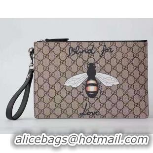 Top Grade Gucci Embroidered Bee and Blind For Love Large Zipped Pouch Clutch Bag 431416 GG Supreme Brown