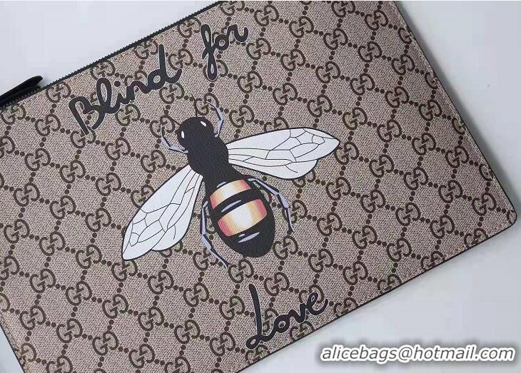 Top Grade Gucci Embroidered Bee and Blind For Love Large Zipped Pouch Clutch Bag 431416 GG Supreme Brown