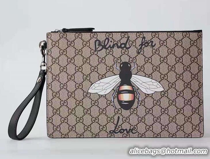 Top Grade Gucci Embroidered Bee and Blind For Love Large Zipped Pouch Clutch Bag 431416 GG Supreme Brown