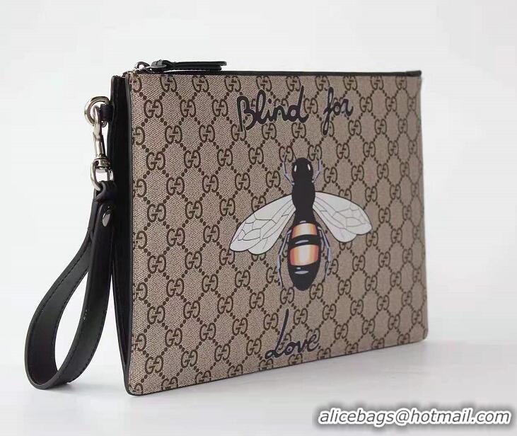 Top Grade Gucci Embroidered Bee and Blind For Love Large Zipped Pouch Clutch Bag 431416 GG Supreme Brown