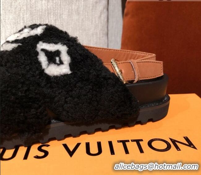 Best Price Louis Vuitton Paseo Flat Comfort Shearling Sandals 051061 Black 2021