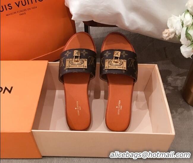 Best Grade Louis Vuitton Lock It Flat Slide Sandals with Lock Charm Monogram Canvas 051065