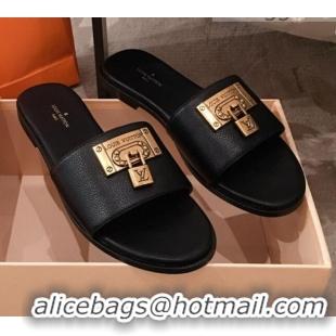  Grade Quality Louis Vuitton Lock It Flat Slide Sandals with Lock Charm Black Leather 051066