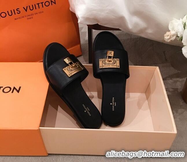  Grade Quality Louis Vuitton Lock It Flat Slide Sandals with Lock Charm Black Leather 051066