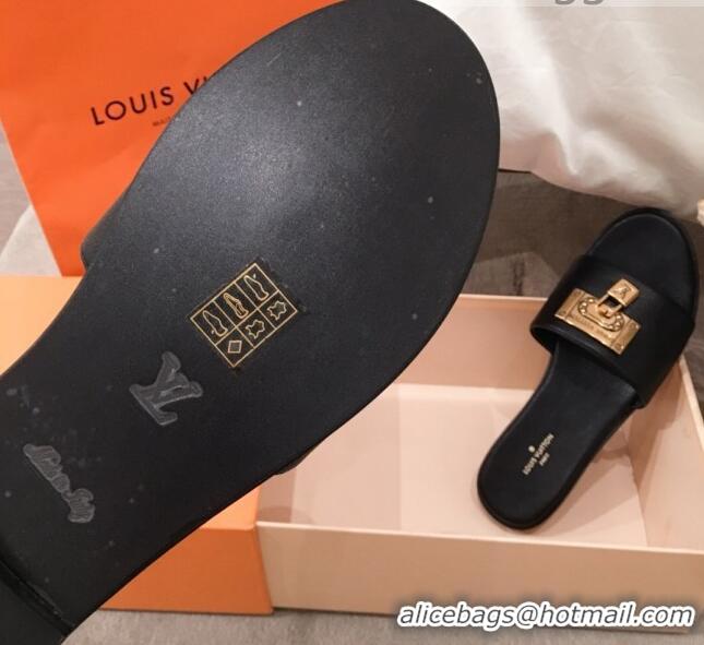  Grade Quality Louis Vuitton Lock It Flat Slide Sandals with Lock Charm Black Leather 051066