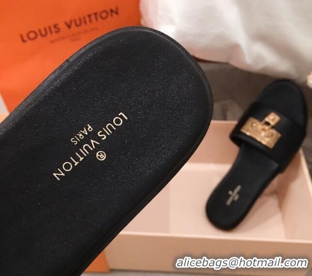  Grade Quality Louis Vuitton Lock It Flat Slide Sandals with Lock Charm Black Leather 051066