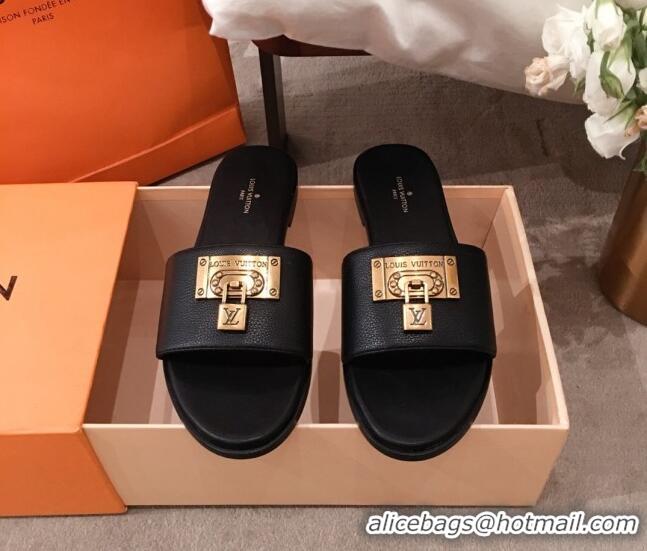  Grade Quality Louis Vuitton Lock It Flat Slide Sandals with Lock Charm Black Leather 051066