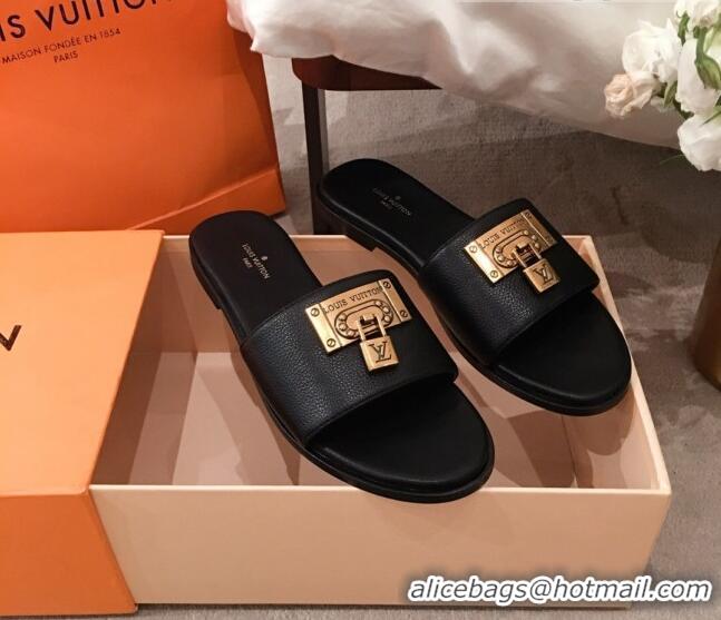  Grade Quality Louis Vuitton Lock It Flat Slide Sandals with Lock Charm Black Leather 051066