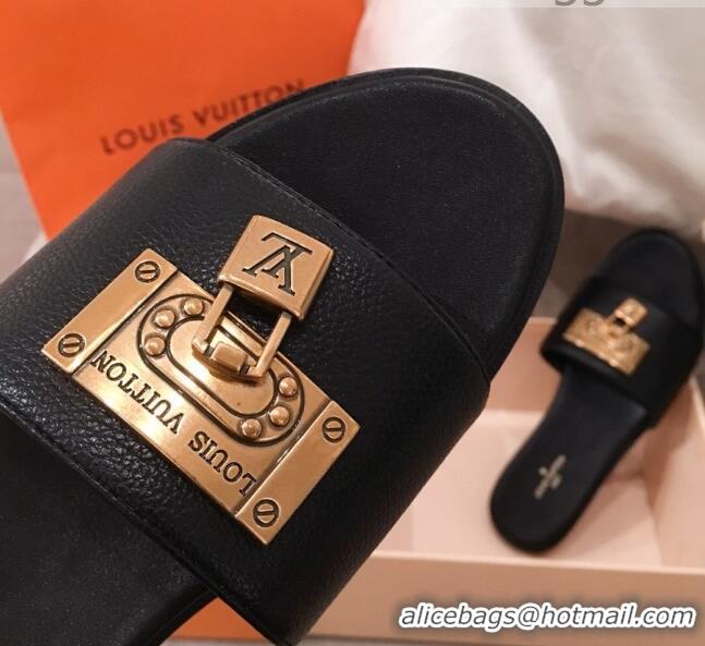  Grade Quality Louis Vuitton Lock It Flat Slide Sandals with Lock Charm Black Leather 051066