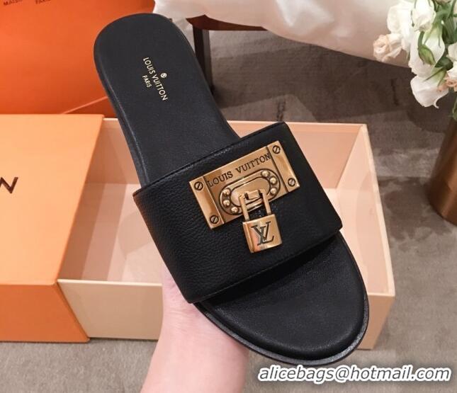  Grade Quality Louis Vuitton Lock It Flat Slide Sandals with Lock Charm Black Leather 051066