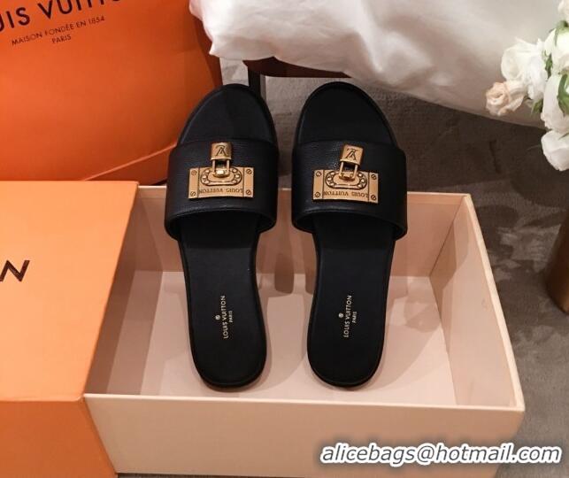  Grade Quality Louis Vuitton Lock It Flat Slide Sandals with Lock Charm Black Leather 051066