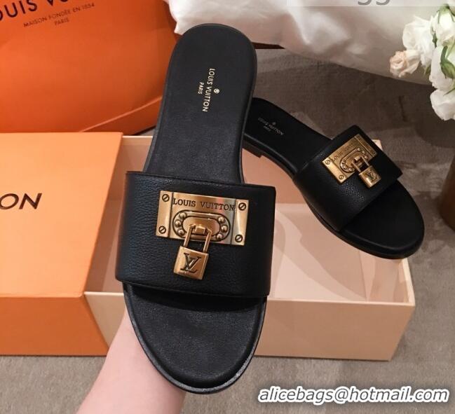  Grade Quality Louis Vuitton Lock It Flat Slide Sandals with Lock Charm Black Leather 051066