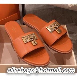 Luxurious Louis Vuitton Lock It Flat Slide Sandals with Lock Charm Orange Leather 051067