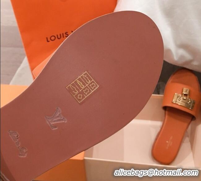 Luxurious Louis Vuitton Lock It Flat Slide Sandals with Lock Charm Orange Leather 051067