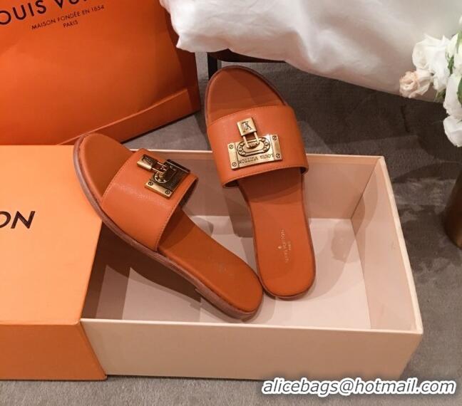 Luxurious Louis Vuitton Lock It Flat Slide Sandals with Lock Charm Orange Leather 051067